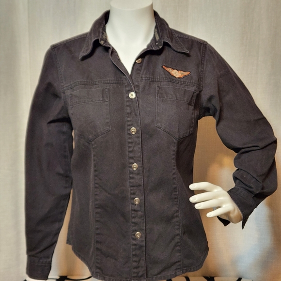 Harley Davidson Embroidered Flame Eagle Black Denim Button Down Shirt Small Y2K - Picture 2 of 13